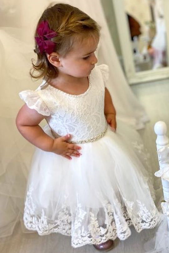 Ruffled Sleeves Toddler White Flower Girl Dress with Beaded Belt FancyVestido Ruffled Sleeves Toddler White Flower Girl Dress with Beaded Belt FancyVestido