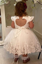 Ruffled Sleeves Toddler White Flower Girl Dress with Beaded Belt