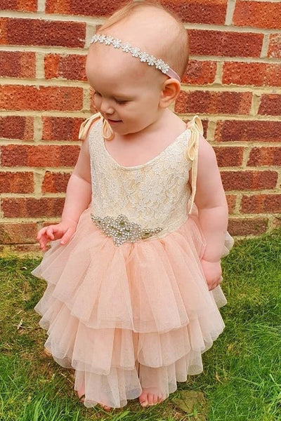 Gold and Pink Toddler Flower Girl Dress with Beads