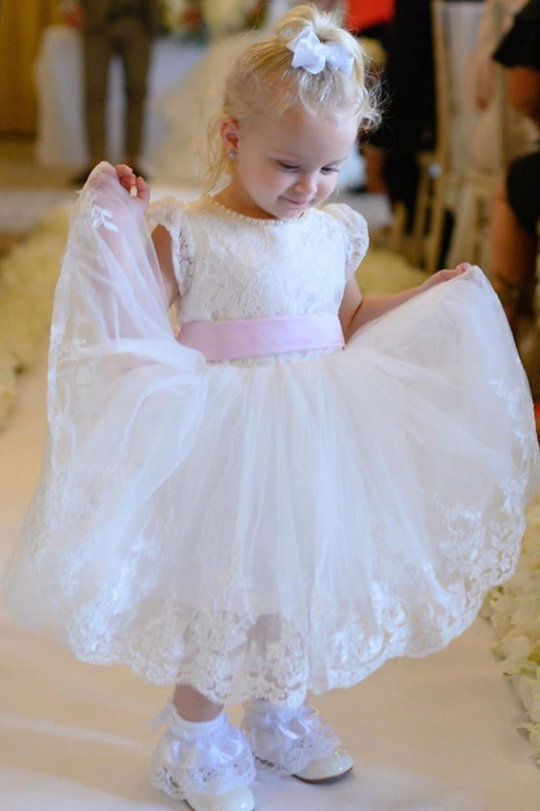 Lovely Toddler White Flower Girl Dress with Pink Bow FancyVestido Lovely Toddler White Flower Girl Dress with Pink Bow FancyVestido