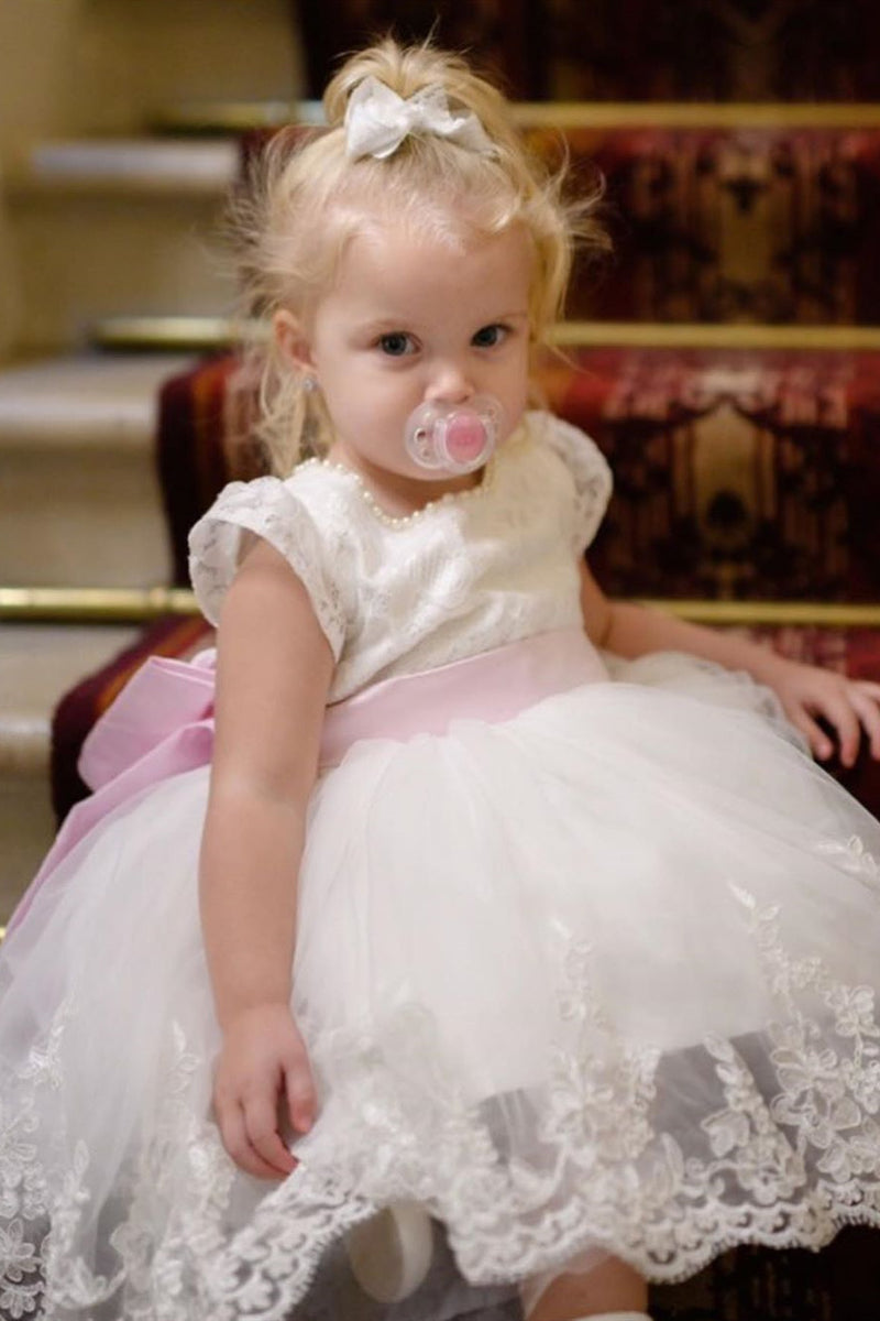 Lovely Toddler White Flower Girl Dress with Pink Bow
