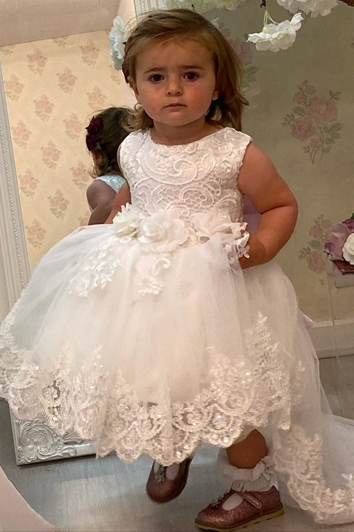 3D Flowers White Lace Flower Girl Dress with Pink Bow