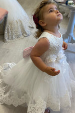 3D Flowers White Lace Flower Girl Dress with Pink Bow