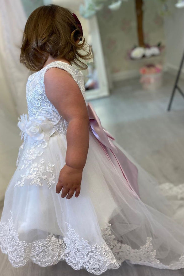 3D Flowers White Lace Flower Girl Dress with Pink Bow