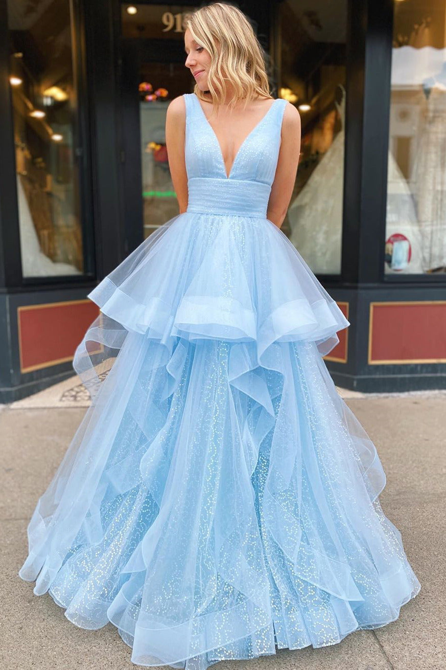 A-line V-Neck Long Sky Blue Prom Dress with Ruffles – FancyVestido