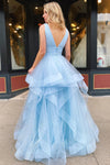 A-line V-Neck Long Sky Blue Prom Dress with Ruffles