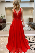 A-line Red Long Chiffon Prom Dress with Beads