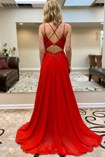 A-line Red Long Chiffon Prom Dress with Beads