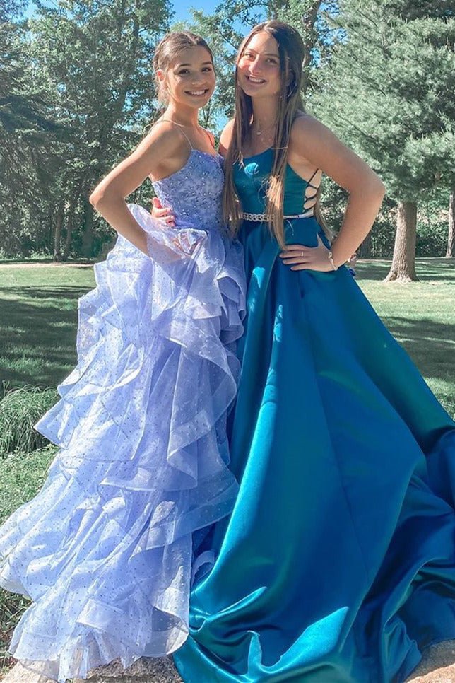 Lace-Up Back Lavender Long Prom Dress with Cascading Ruffles