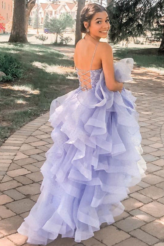 Lace-Up Back Lavender Long Prom Dress with Cascading Ruffles