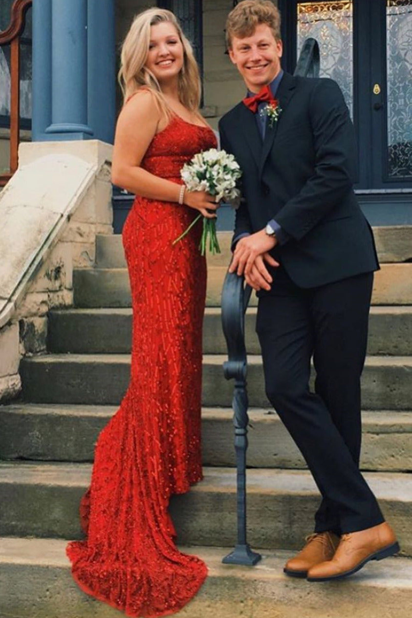 Lace-Up Back Mermaid Red Long Prom Dress with Beads