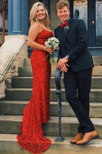 Lace-Up Back Mermaid Red Long Prom Dress with Beads