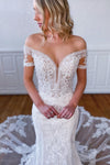 Mermaid Short Sleeves Long White Lace Bridal Dress