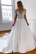 V-Neck Long White Wedding Dress with Silver Beads