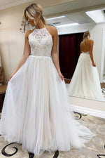 Halter A-line Long White Wedding Dress with Lace Top