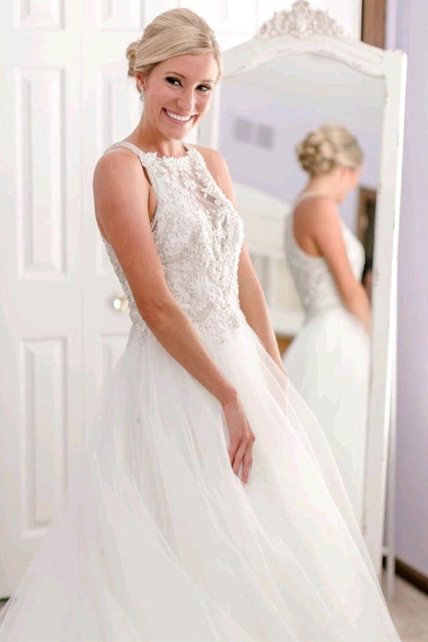 Lace Appliques Sleeveless Long White Bridal Dress