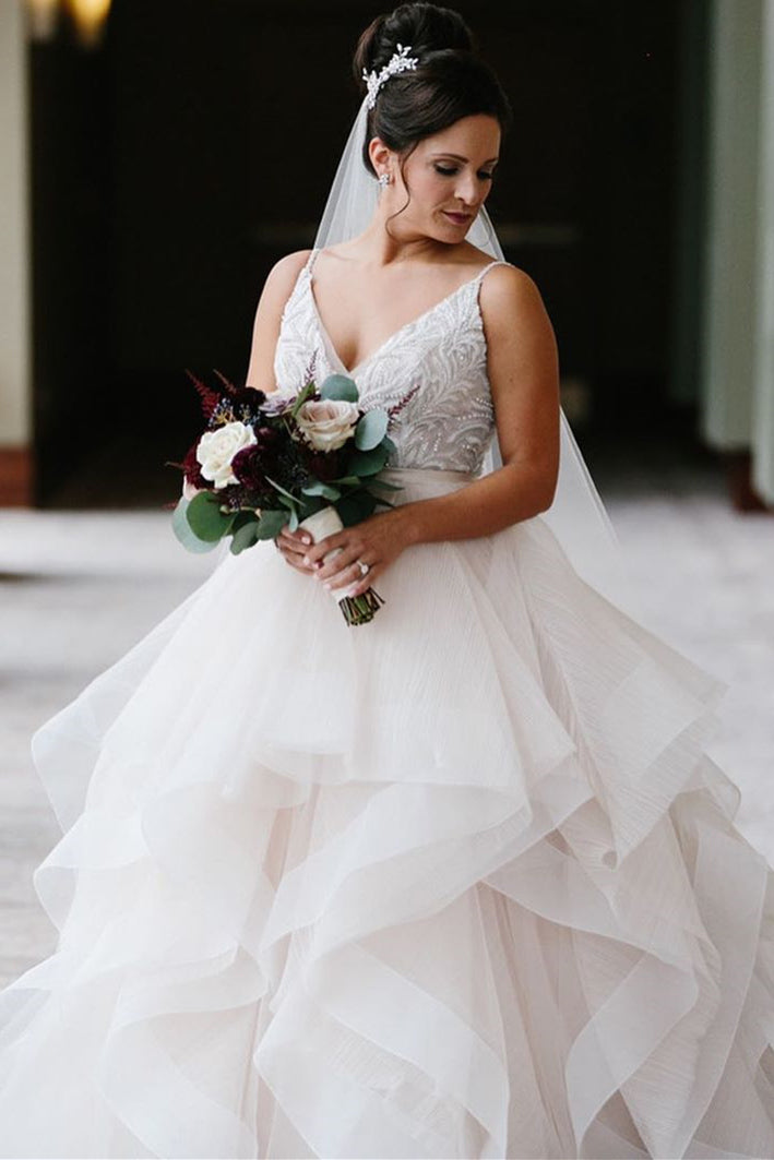 V-Neck Cascading Ruffles Off White Wedding Dress with Lace