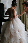 V-Neck Cascading Ruffles Off White Wedding Dress with Lace