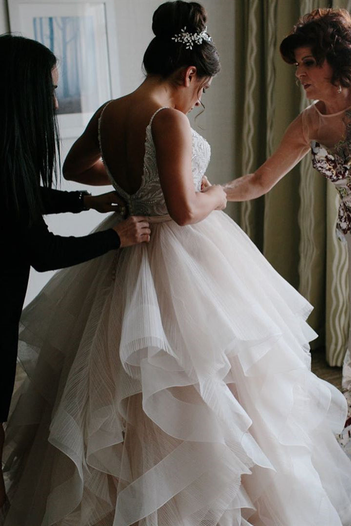 V-Neck Cascading Ruffles Off White Wedding Dress with Lace