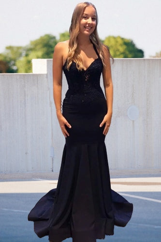 Lace-Up Back Mermaid Halter Navy Blue Prom Dress with Lace