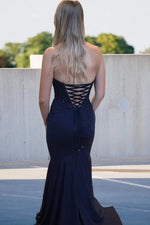 Lace-Up Back Mermaid Halter Navy Blue Prom Dress with Lace