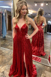 Lace-Up Back V-Neck Long Red Sequin Prom Dress with Slit