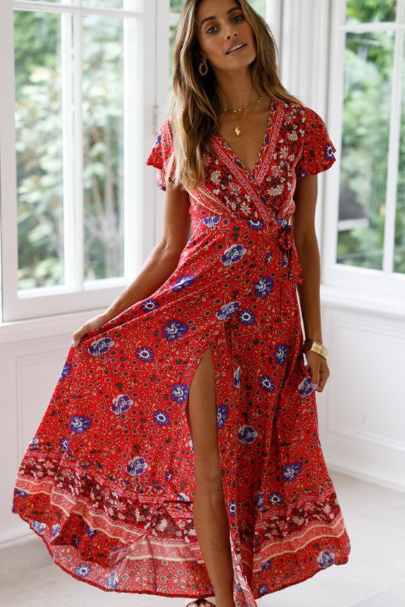 Free Shipping Long Wraped Red Floral Summer Dress