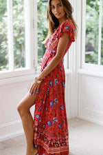Free Shipping Long Wraped Red Floral Summer Dress