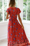 Free Shipping Long Wraped Red Floral Summer Dress