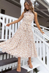 Free Shipping High Neck Long Dotted Summer Dress with Ribbon