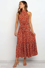 Free Shipping High Neck Long Dotted Summer Dress with Ribbon