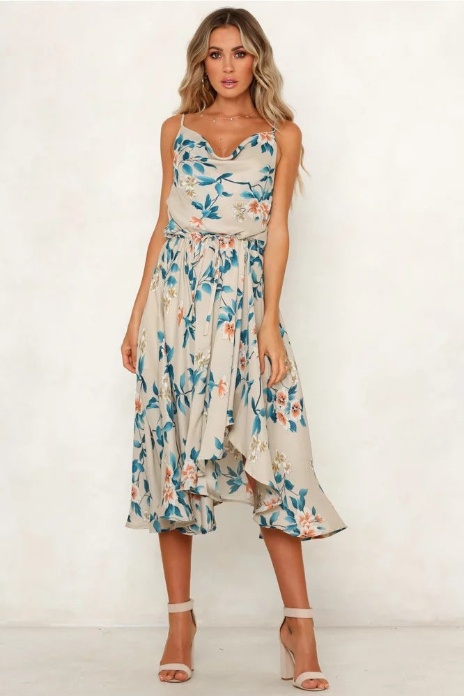 Free Shipping Cowl Neck Asymmetrical Floral Summer Dress