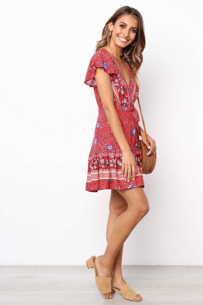 Bohemian Short Red Floral Summer Dress