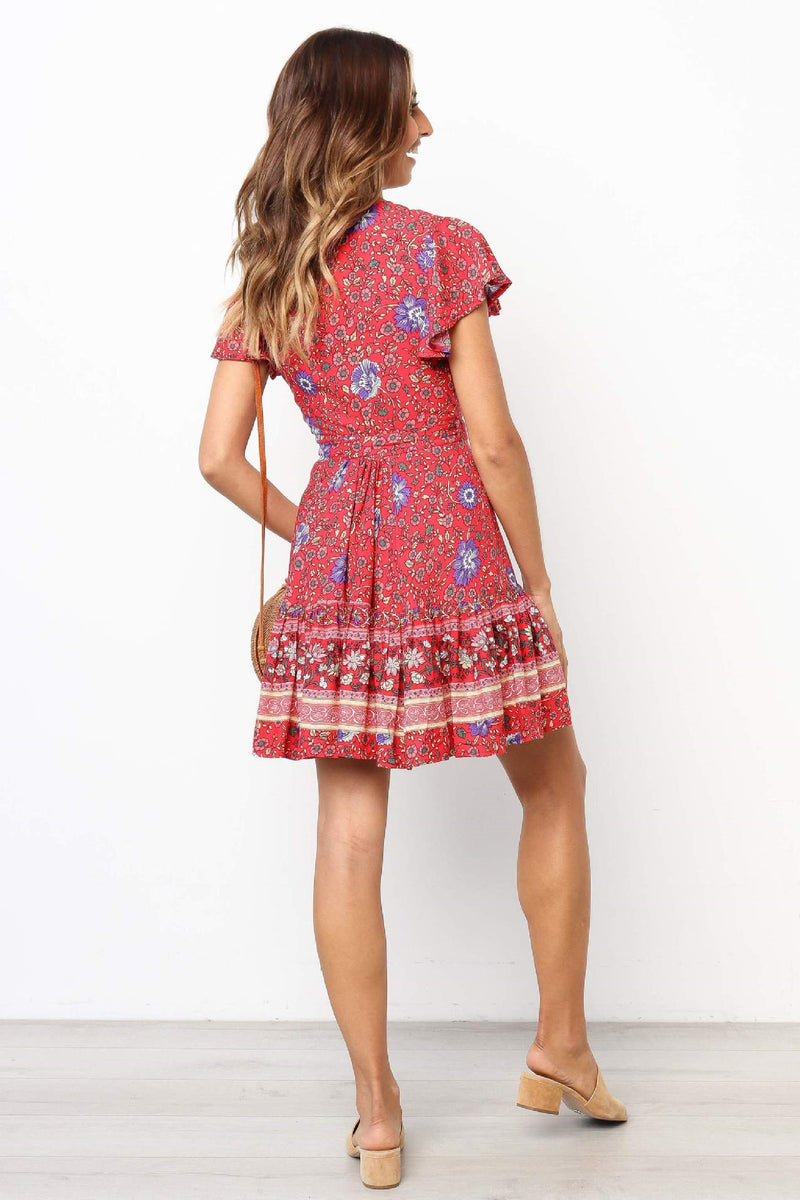 Bohemian Short Red Floral Summer Dress