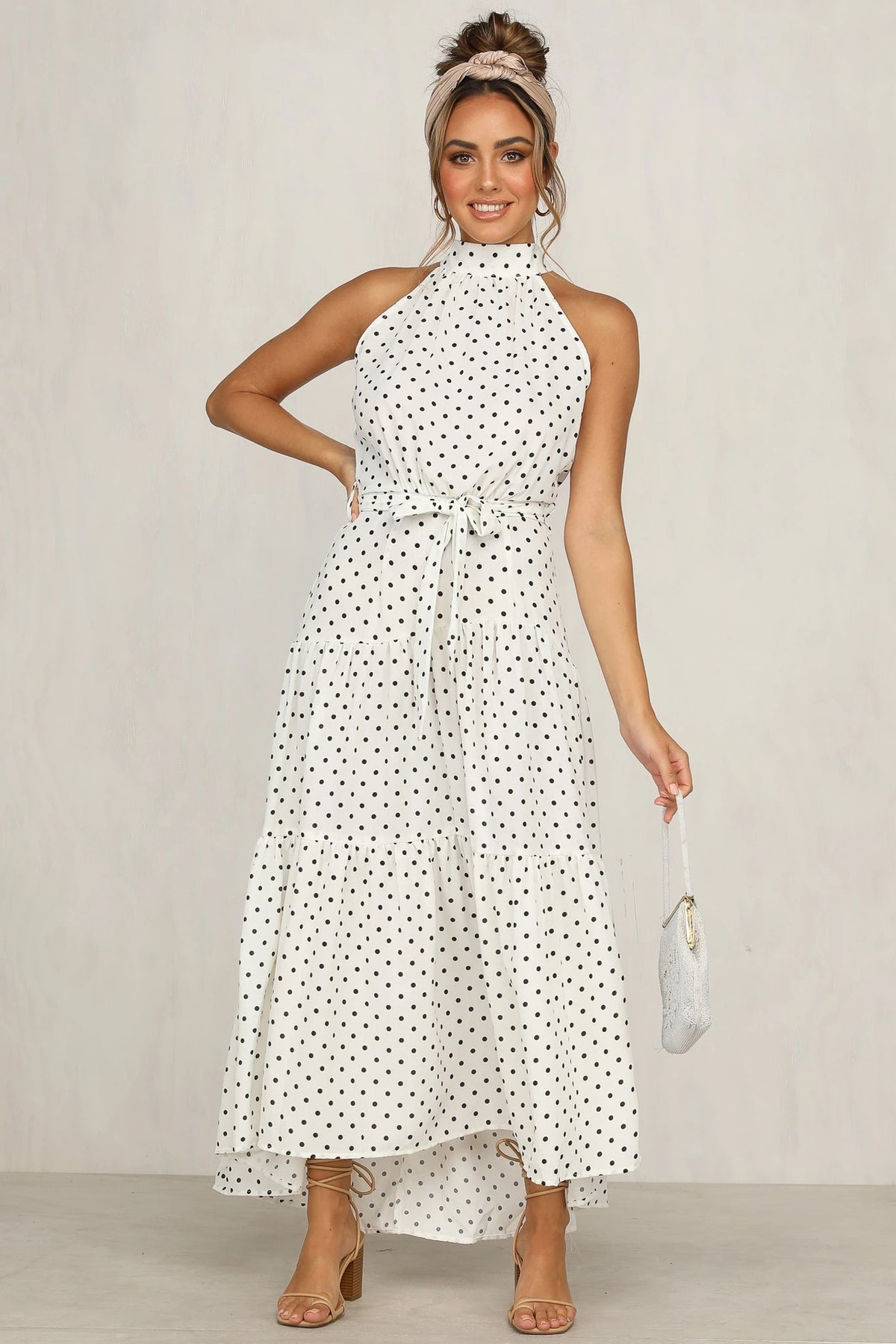 High Neck Polka Dot Long White Summer Dress