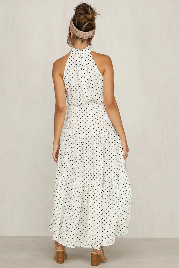High Neck Polka Dot Long White Summer Dress