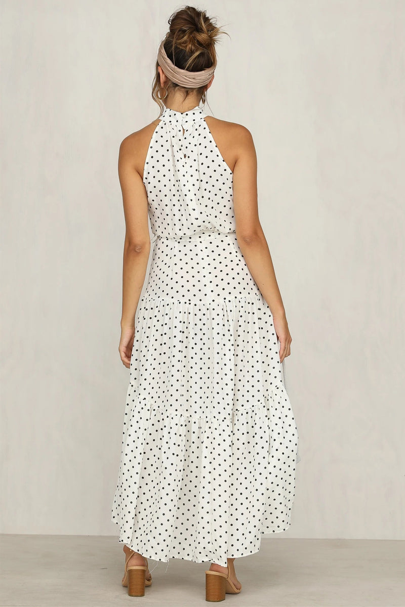 High Neck Polka Dot Long White Summer Dress