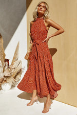 High Neck Polka Dot Long Red Summer Dress