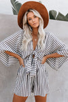 Striped White and Grey Bat-wing Romper with Pockets