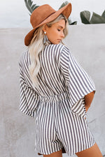 Striped White and Grey Bat-wing Romper with Pockets