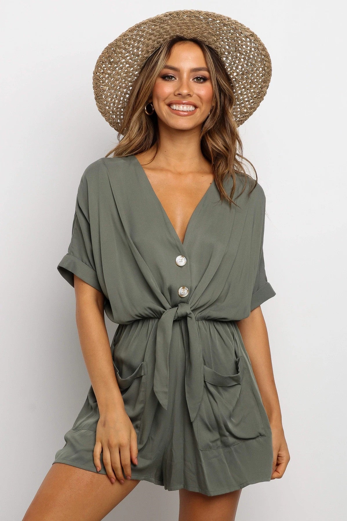 V-Neck Short Sleeves Grey Romper