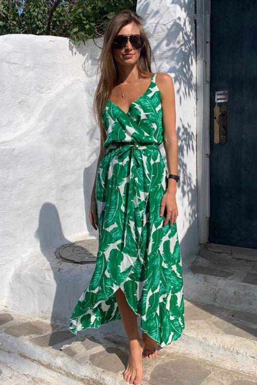 V-Neck Long Wrapped Green Summer Dress