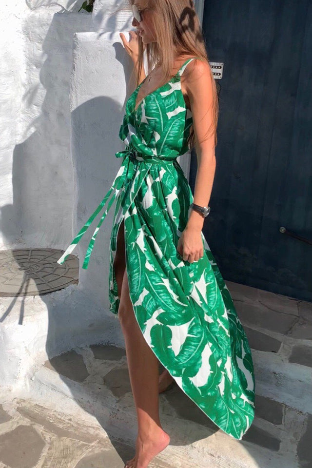 V-Neck Long Wrapped Green Summer Dress