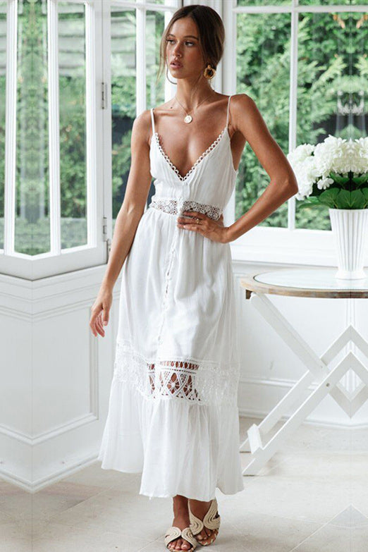 Sexy V-Neck Long White Summer Dress
