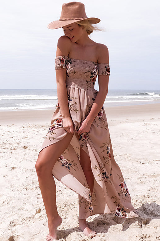 Off Shoulder Super-Elastic White Floral Summer Dress with Slit