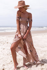 Off Shoulder Super-Elastic White Floral Summer Dress with Slit
