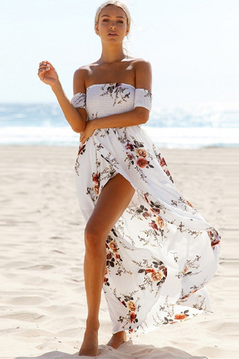Off Shoulder Super-Elastic White Floral Summer Dress with Slit