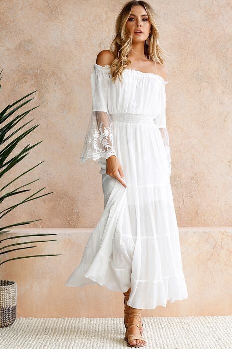 Off Shoulder Long White Chiffon Summer Dress Beach Dress