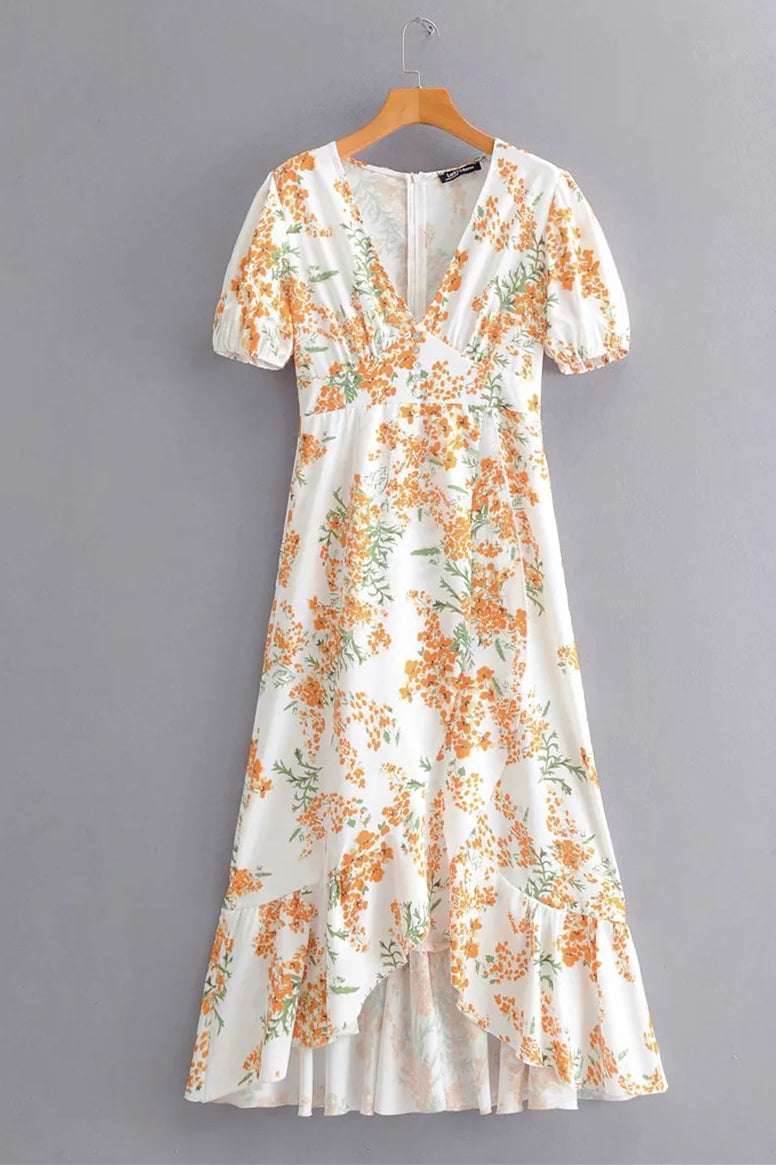 V-Neck Hi-Low Wrapped Floral Summer Dress