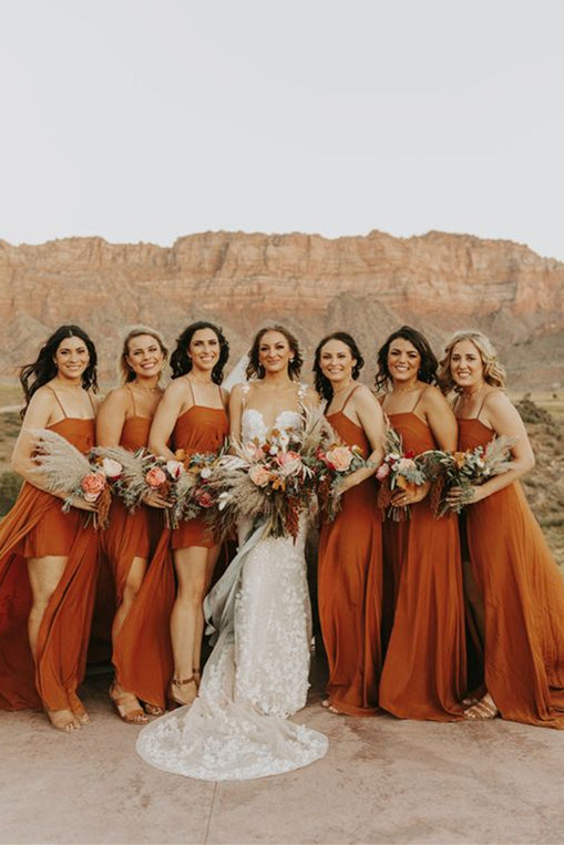 Spaghetti Strap Long A-line Pumpkin Bridesmaid Dresses